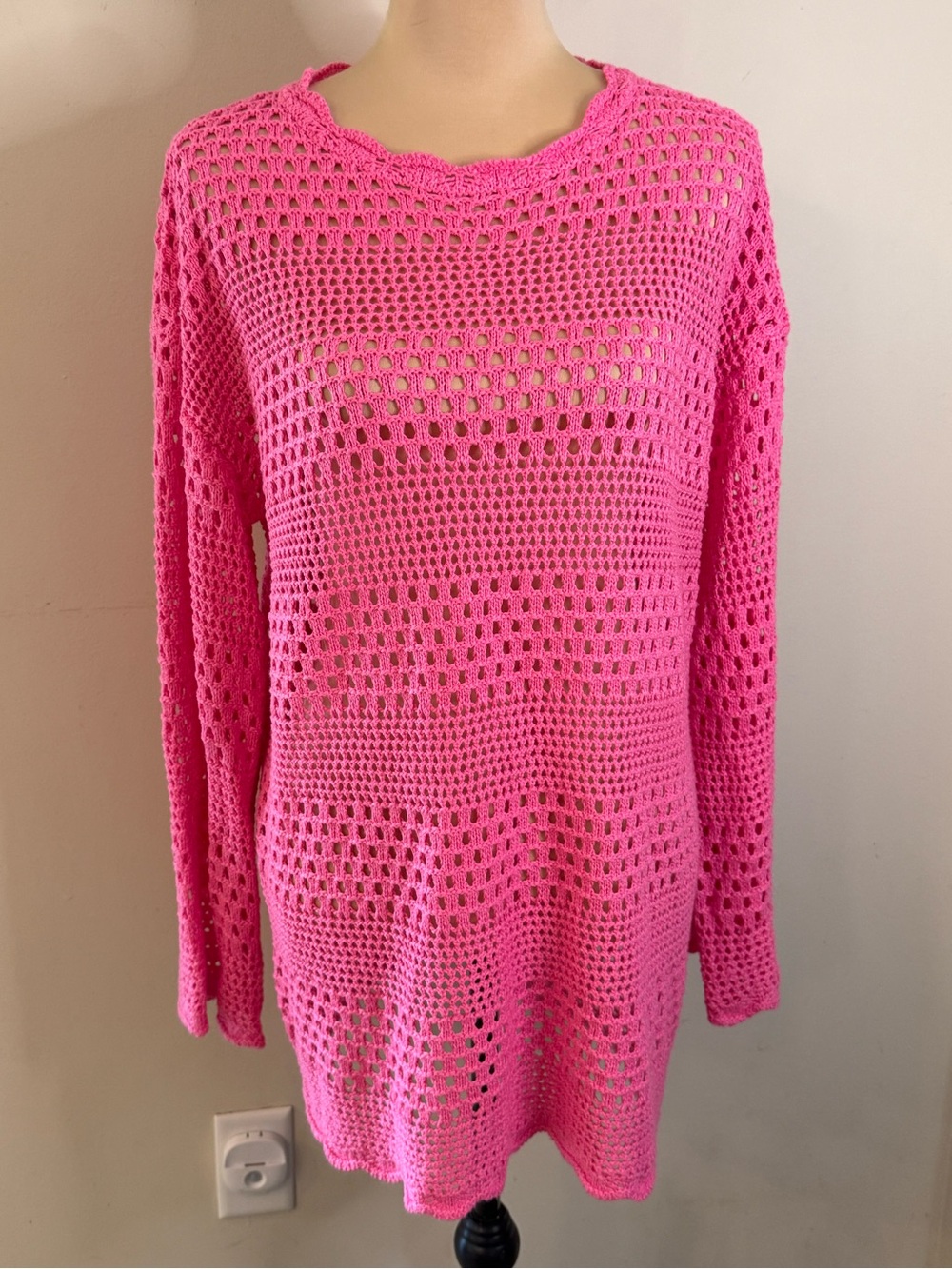 Crochet knit pink long sleeve tunic sweater preppy cottage whimsigoth retro SZ M